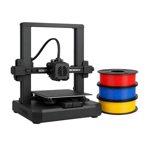 3D printer with red, blue, and yellow filament spools