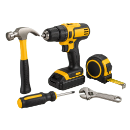 DIY hand tool set with drill, hammer, tape measure, screwdriver, and wrench